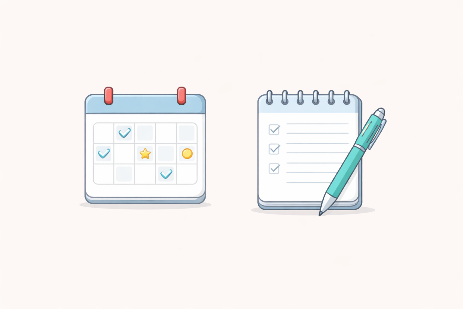 Gentle calendar and note icons showing small, low-pressure steps